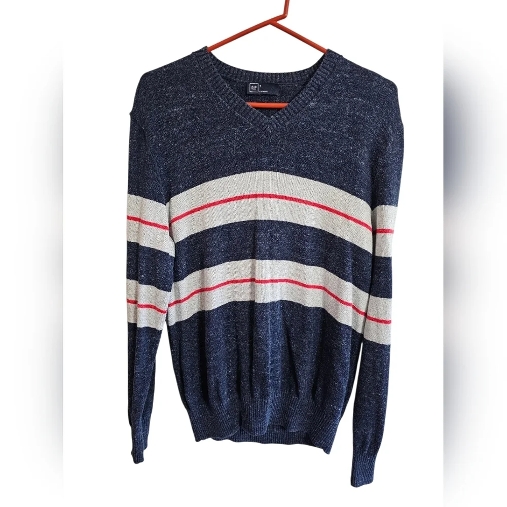 Gap Mens M V-Neck Sweater Navy Blue Marl Striped Cotton Blend Essential Boutique